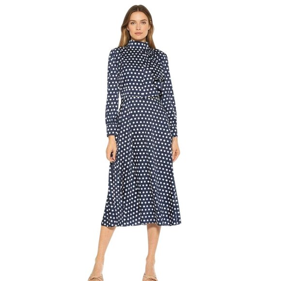 Alexia Admor Brooklyn Satin Navy Polka Dot Midi Dress NWT - Size 4 - Picture 1 of 11
